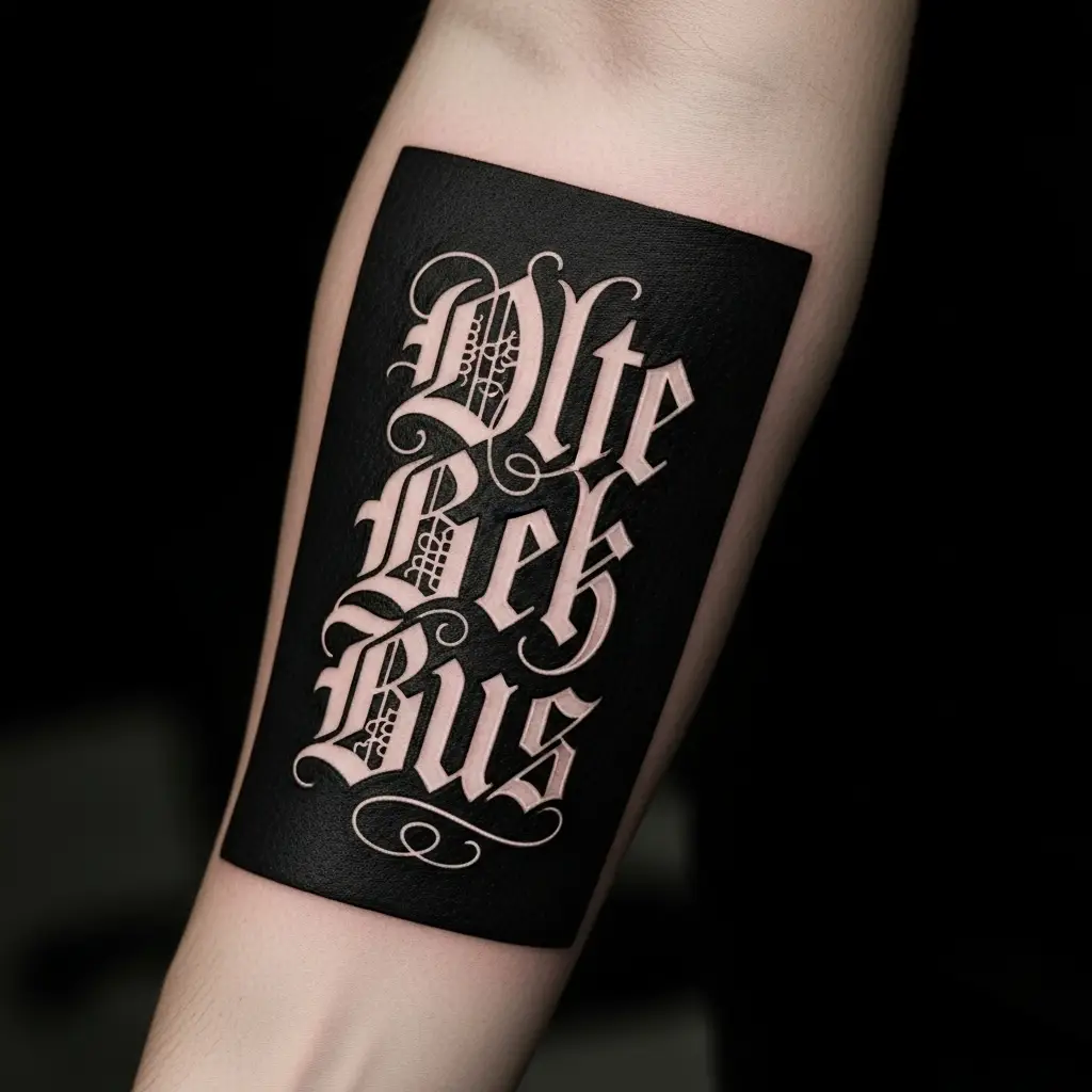 Blackletter Tattoo als Negativ-Schrift auf schwarzer Füllfläche