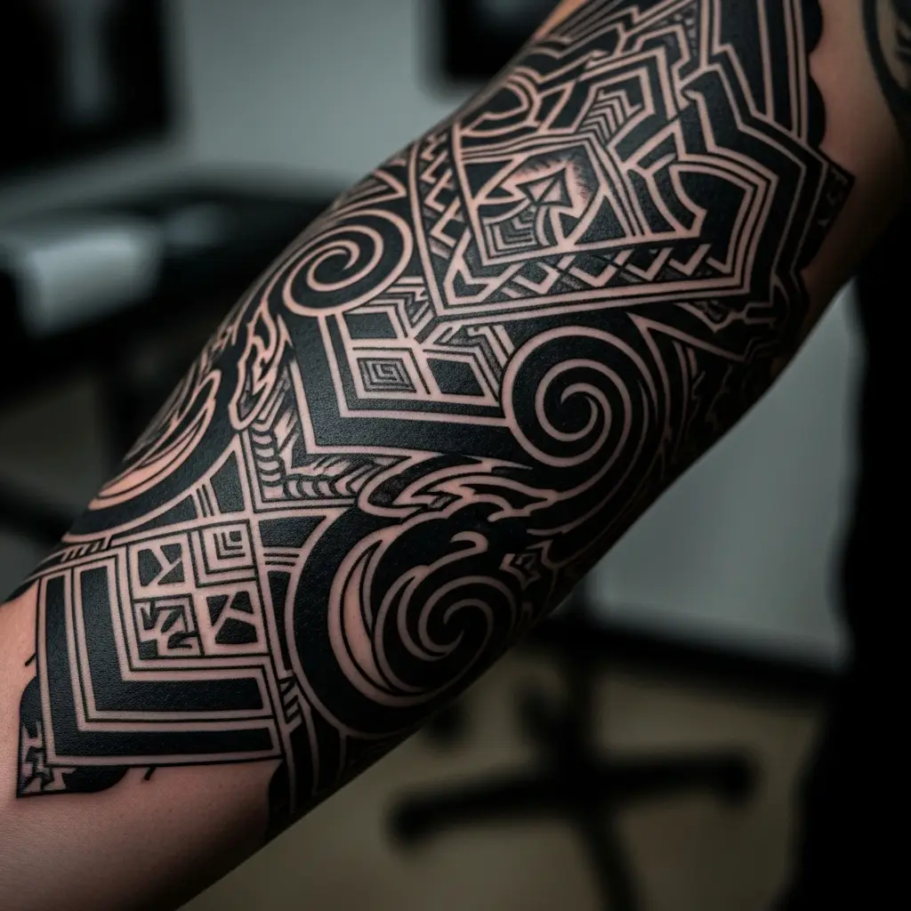 Grossflächiges Blackwork Tattoo mit geometrischen Mustern auf dem Unterarm