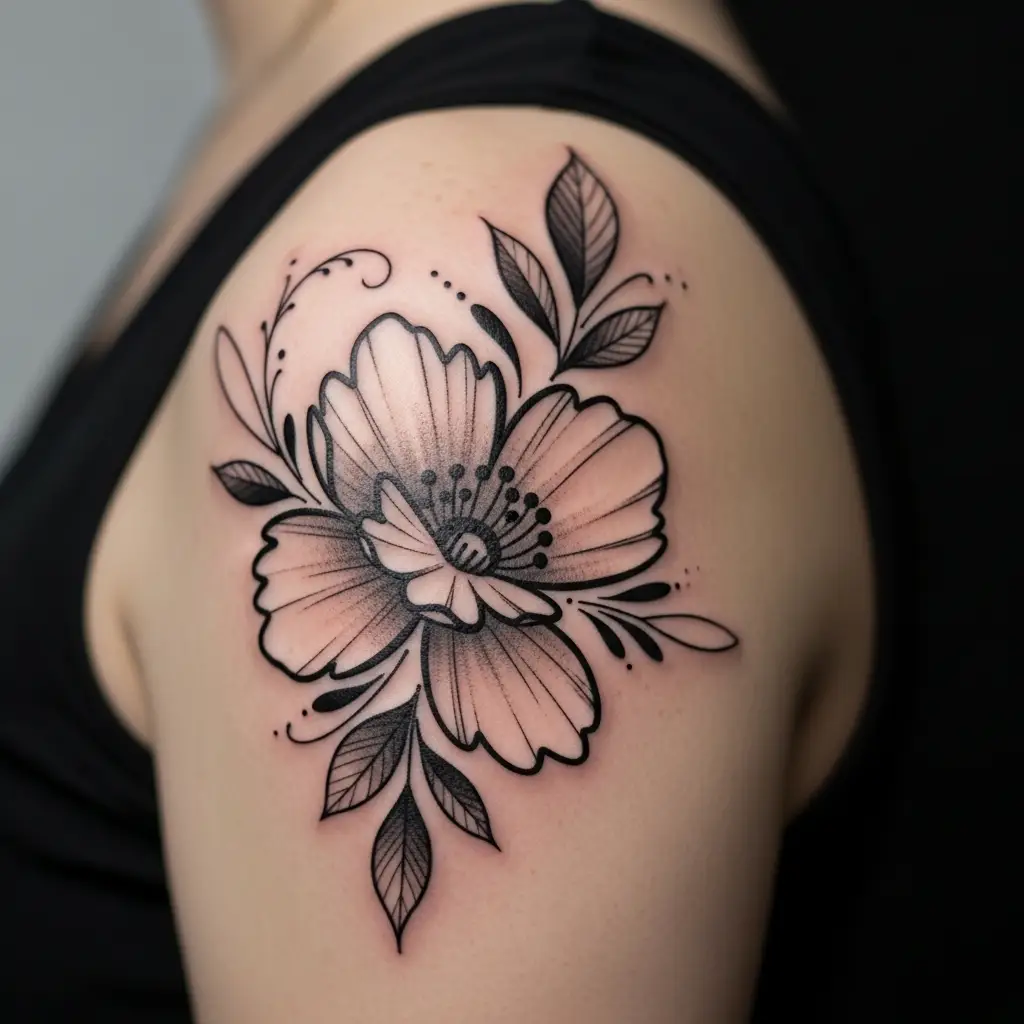 Blackwork Tattoo mit ornamentalen Blumenmotiven auf der Schulter