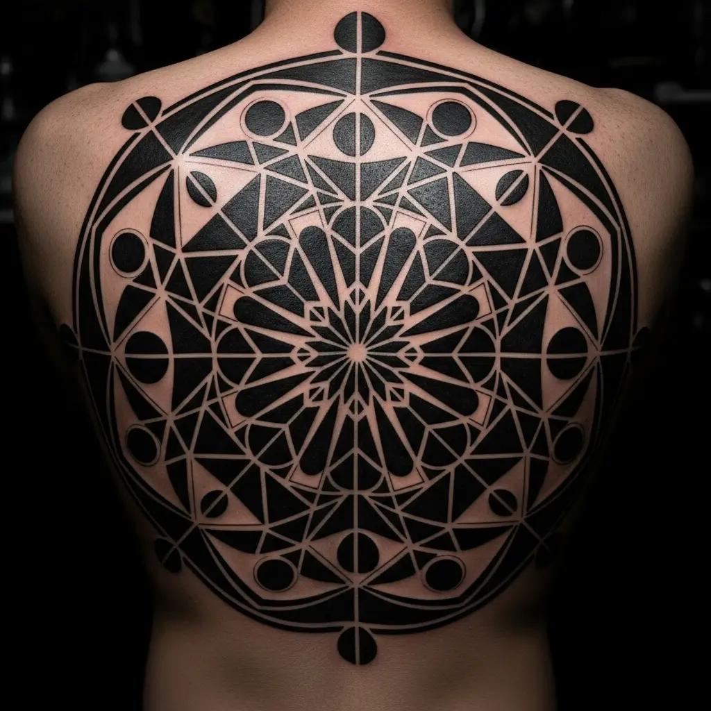 Geometrisches Blackwork Tattoo mit Mandala-Design auf dem Ruecken