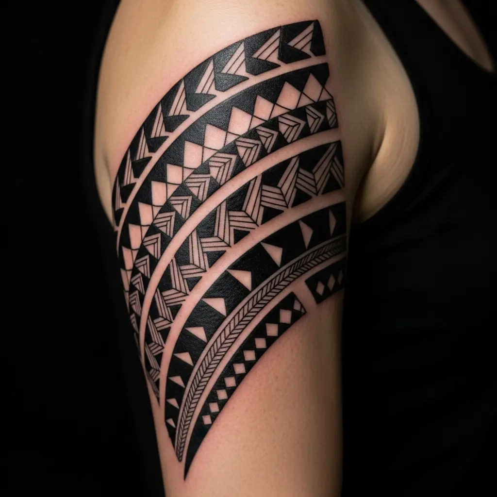Tribal Blackwork Tattoo im polynesischen Stil auf dem Oberarm
