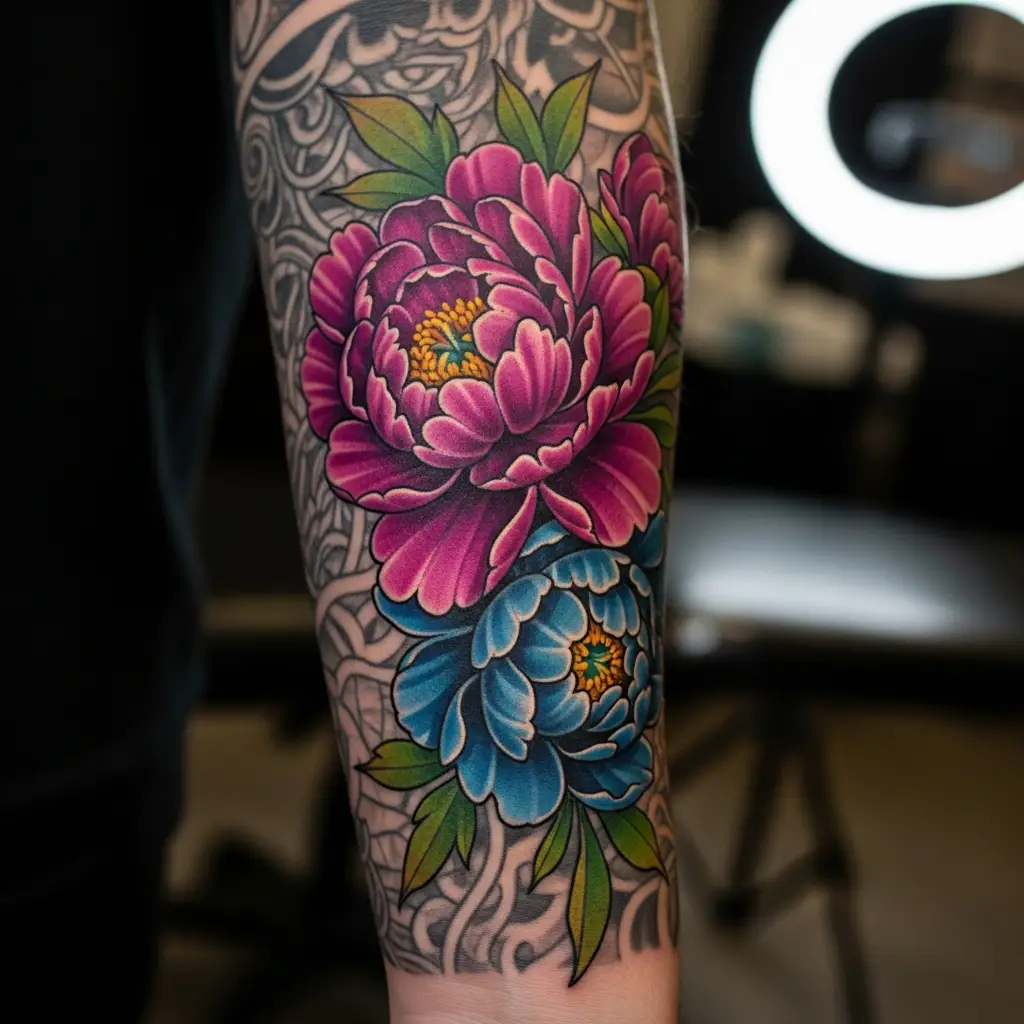 Blast Over Tattoo mit floralen Elementen über altem Motiv auf dem Unterarm