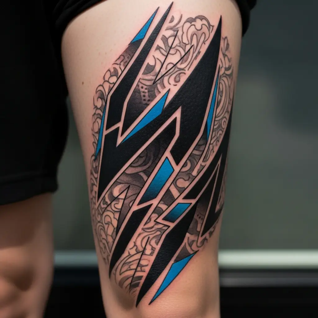 Blast Over Tattoo mit geometrischen Mustern und Blackout-Flächen auf dem Oberschenkel