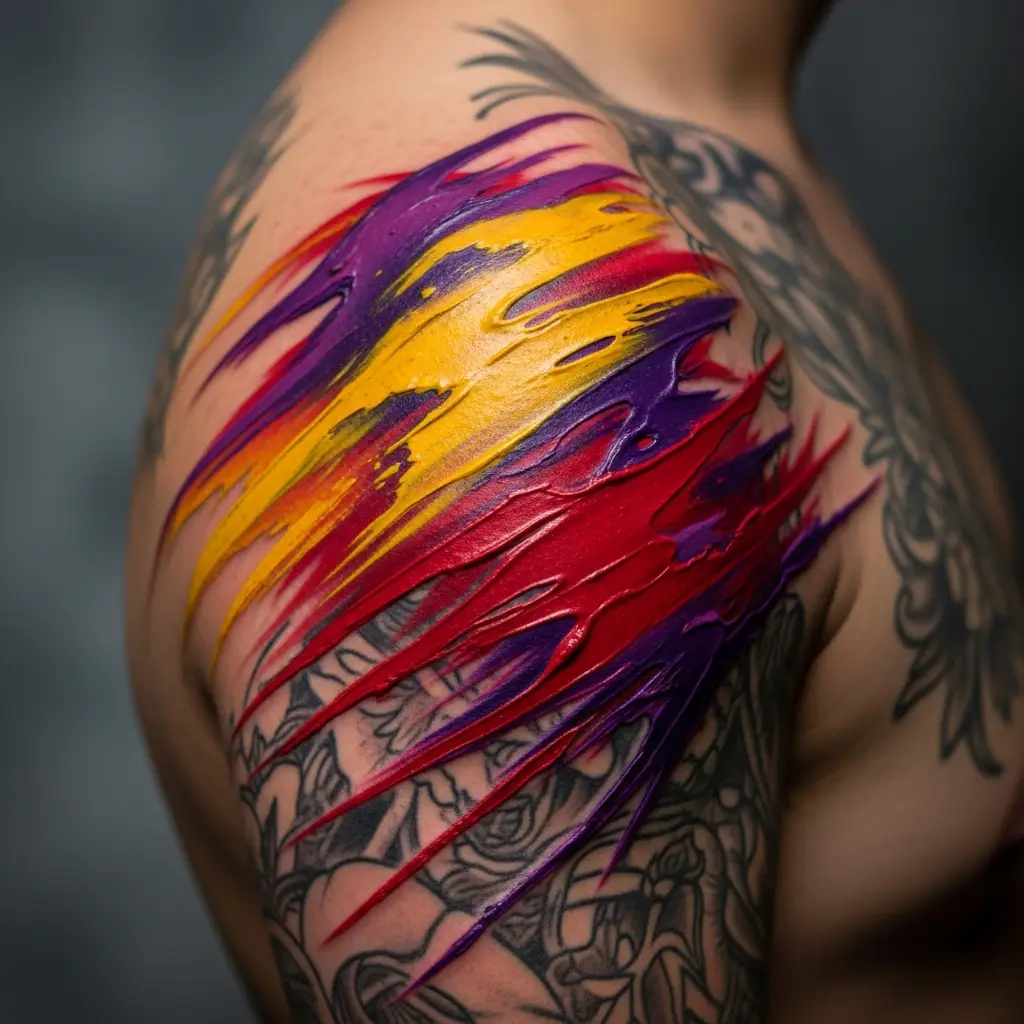 Blast Over Tattoo mit abstrakten Farbexplosionen über verblasstem Schultertattoo