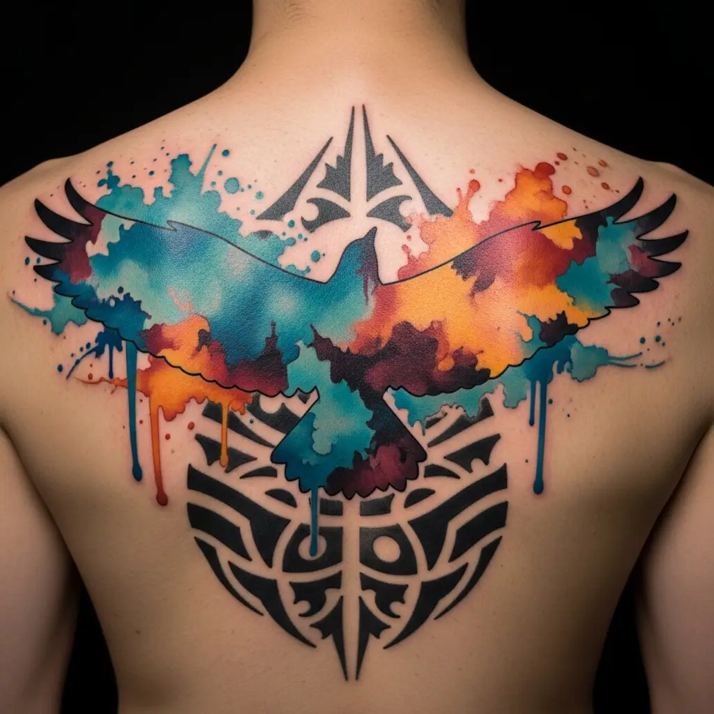 Blast Over Tattoo mit Vogelsilhouette und Aquarell-Effekt auf dem Ruecken