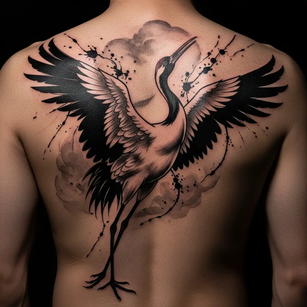 Brush Stroke Tattoo mit Kranich-Motiv und Tuschlavierung auf dem Rücken