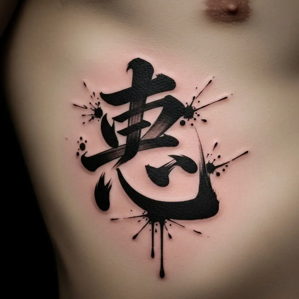 Brush Stroke Tattoo mit Kalligrafie-Zeichen und Pinselspritzern auf Rippen