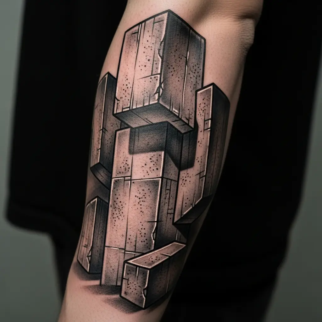 Brutalism Tattoo mit geometrischen Betonstrukturen am Unterarm eines Mannes