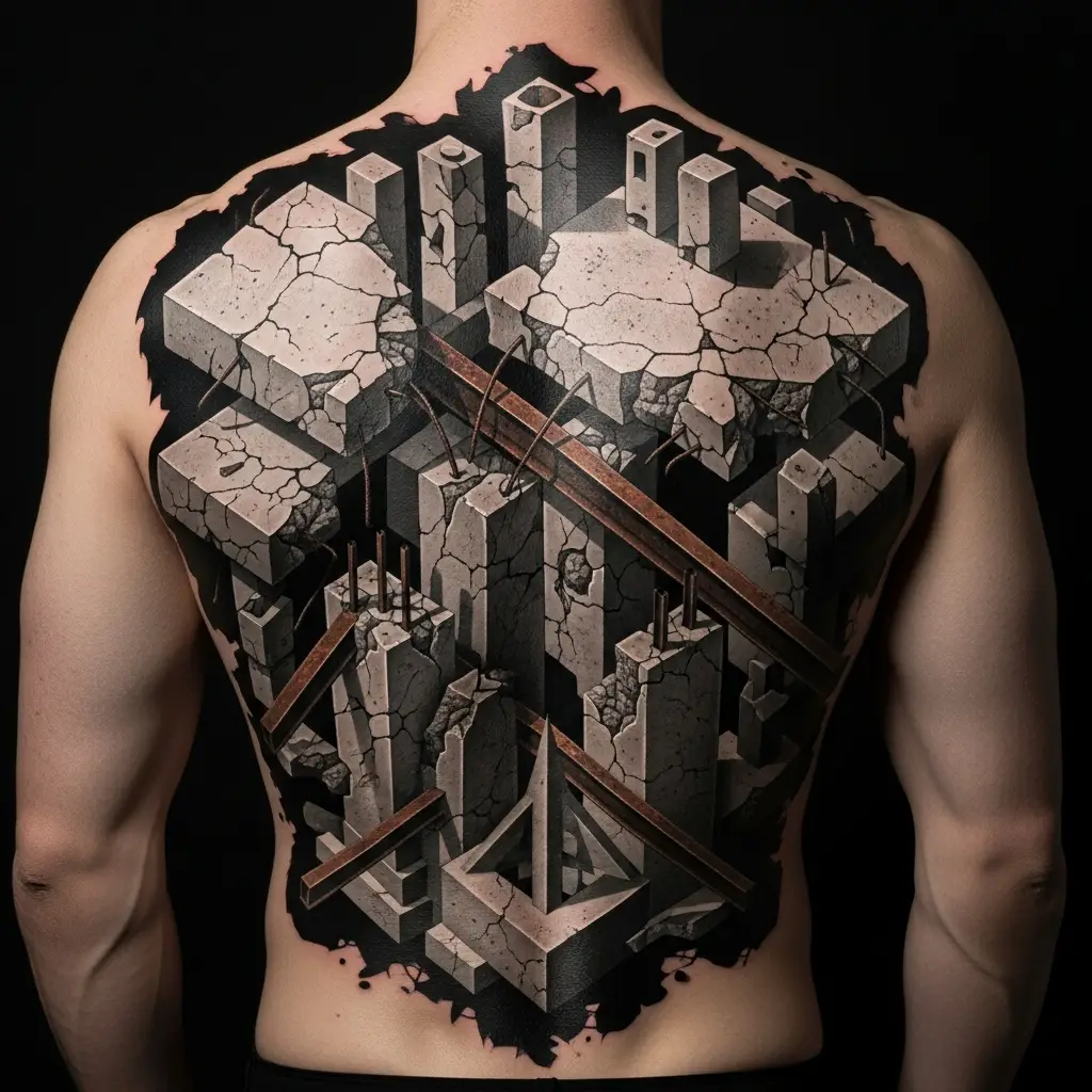 Grossflächiges Brutalism Tattoo am Ruecken mit fragmentierten Architekturformen