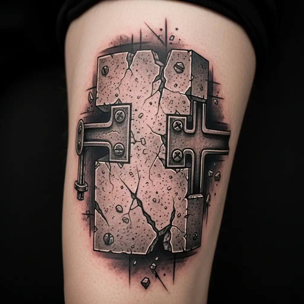 Brutalism Tattoo am Oberschenkel mit industriellen Strukturelementen und Schraffuren
