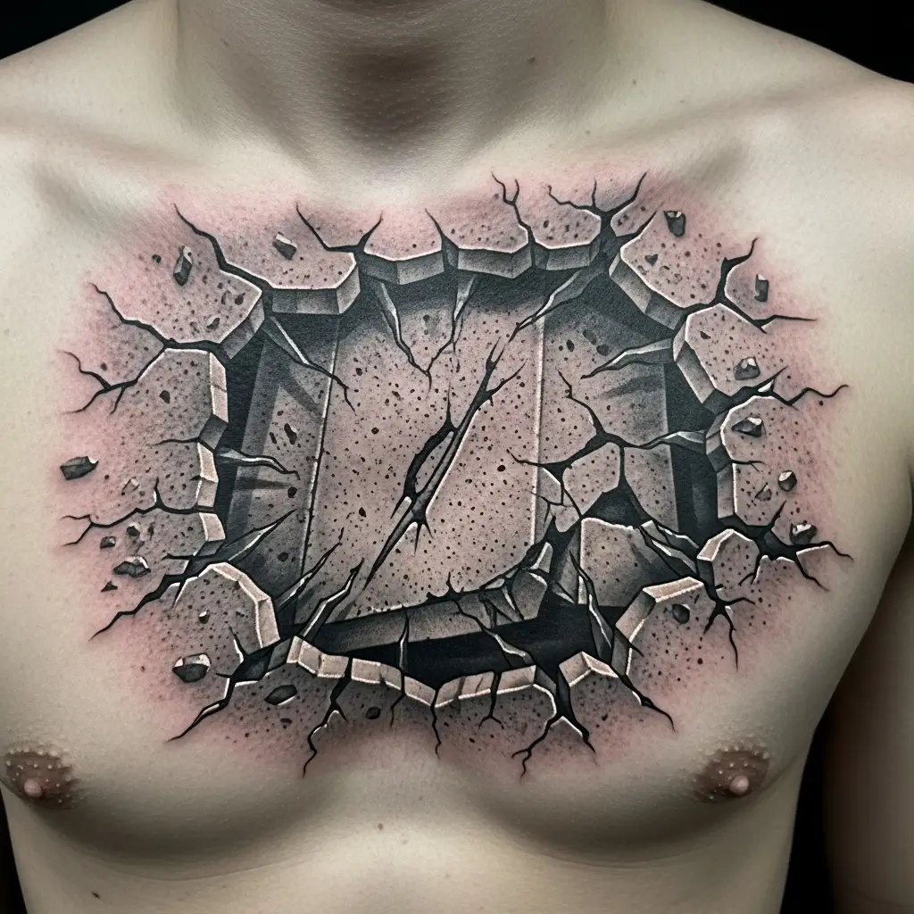 Detailaufnahme eines Brutalism Tattoos mit Risslinien und Betonmuster auf der Brust