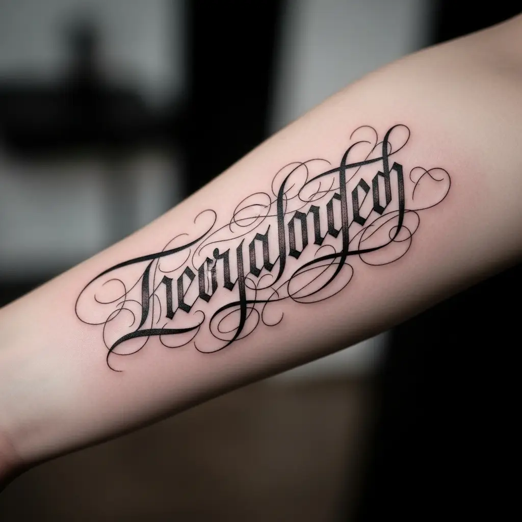 Elegantes Calligraphy Tattoo mit geschwungenen Buchstaben am Unterarm
