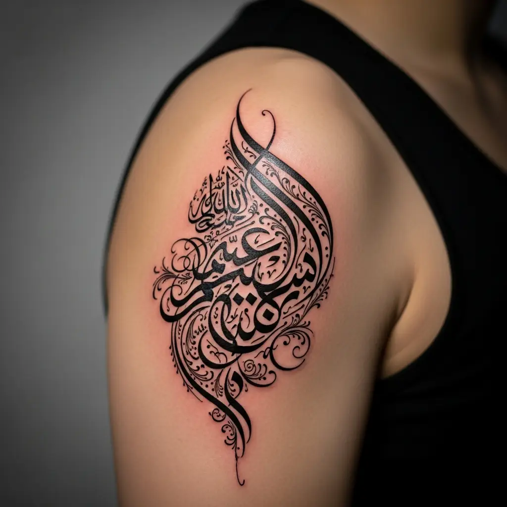 Kalligrafie-Tattoo mit arabischer Schrift und ornamentalen Elementen auf der Schulter