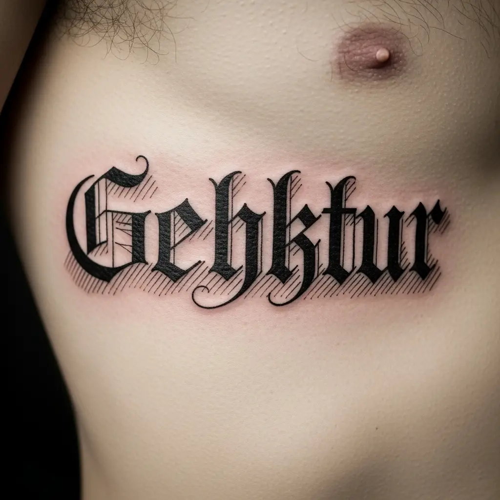 Gotisches Fraktur-Calligraphy Tattoo entlang der Rippen in tiefem Schwarz