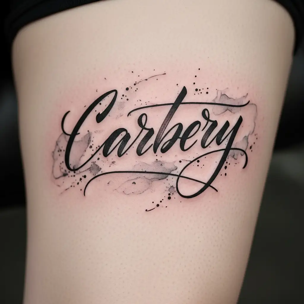 Modernes Brush-Lettering Calligraphy Tattoo mit Aquarell-Hintergrund am Oberschenkel
