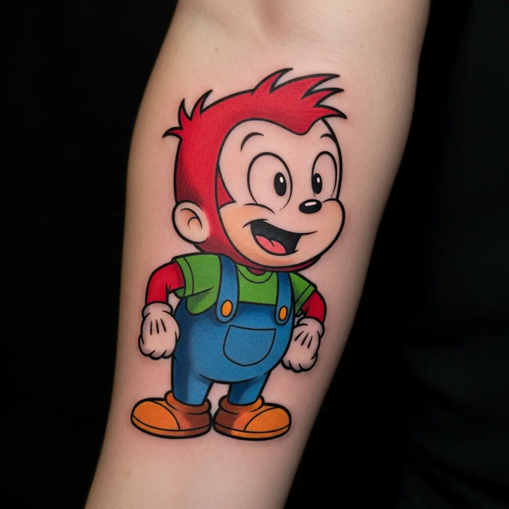 Klassisches Cartoon Tattoo mit kräftigen Outlines und leuchtenden Primärfarben auf dem Unterarm