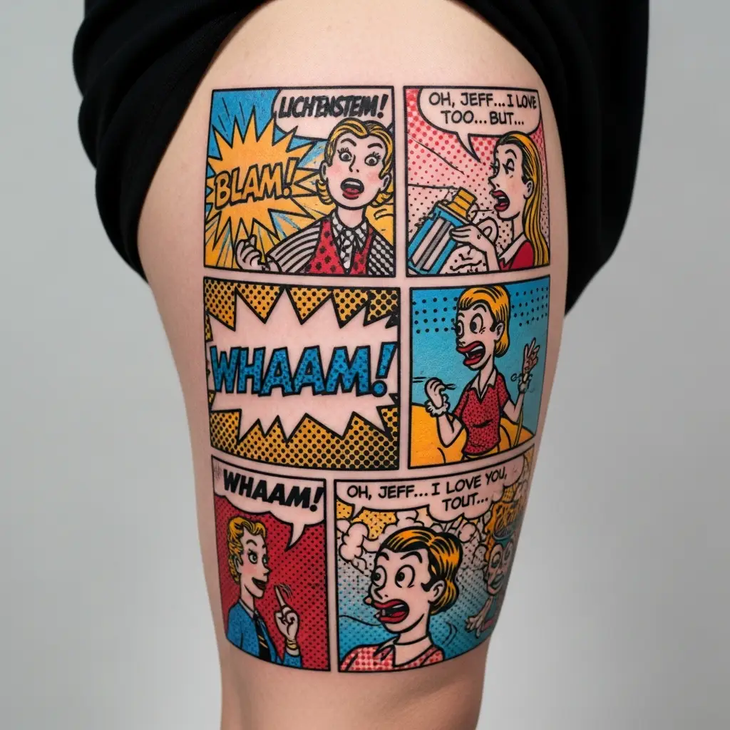 Cartoon Tattoo im Comic-Panel-Stil mit Sprechblase und Benday-Dots auf dem Oberschenkel