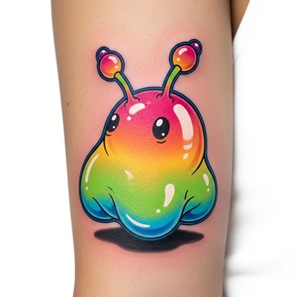Modernes Cartoon Tattoo mit Puff-Effekt und dreidimensional wirkenden Formen auf dem Oberarm