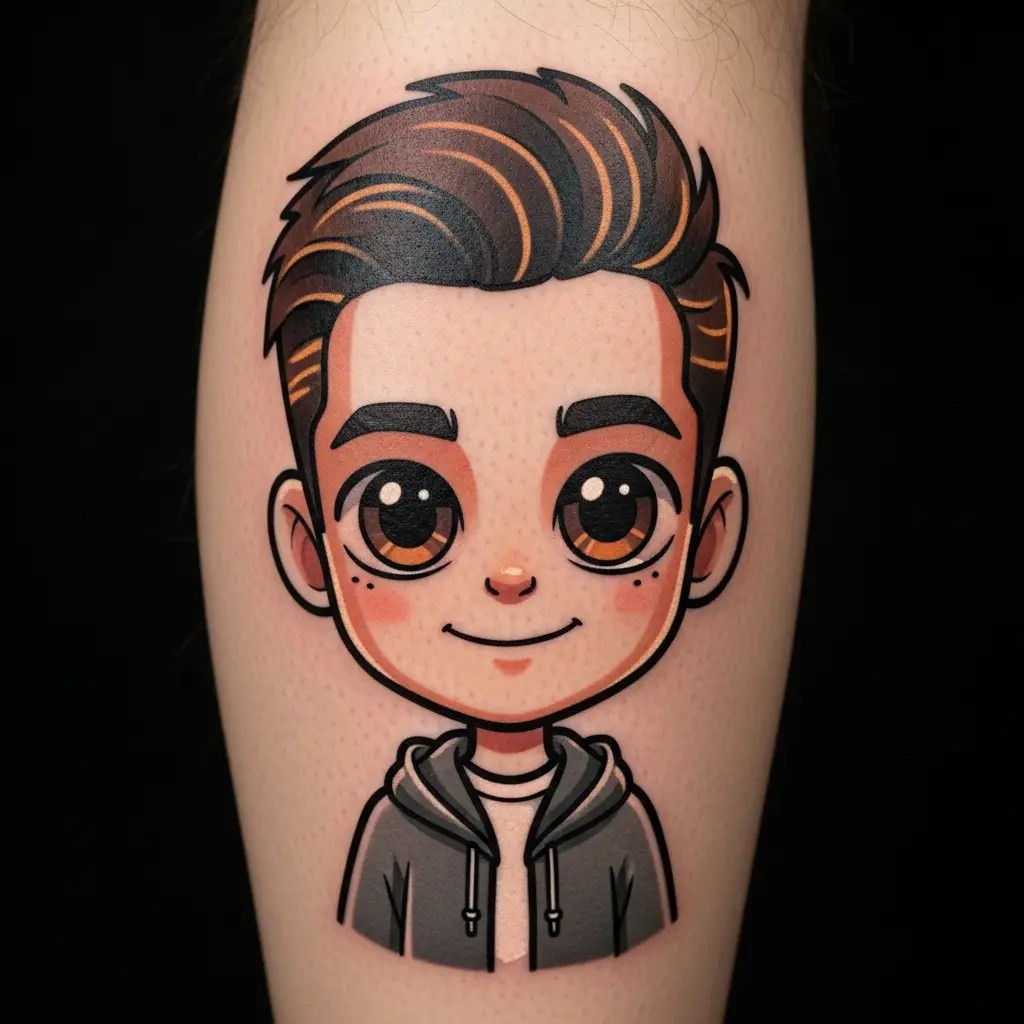Personalisiertes Cartoon-Portrait-Tattoo auf der Wade mit stilisiertem Charakterdesign