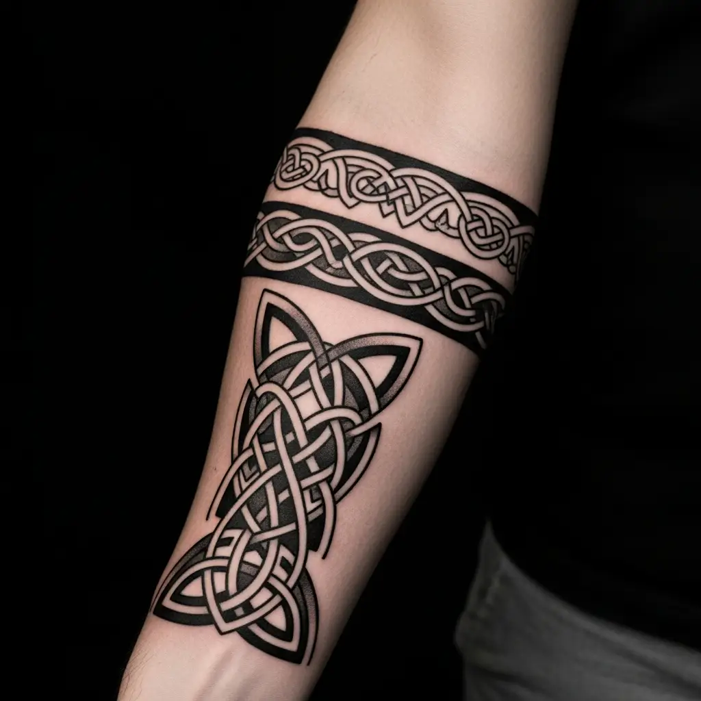 Celtic Tattoo mit komplexem Knotengeflecht auf dem Oberarm eines Mannes