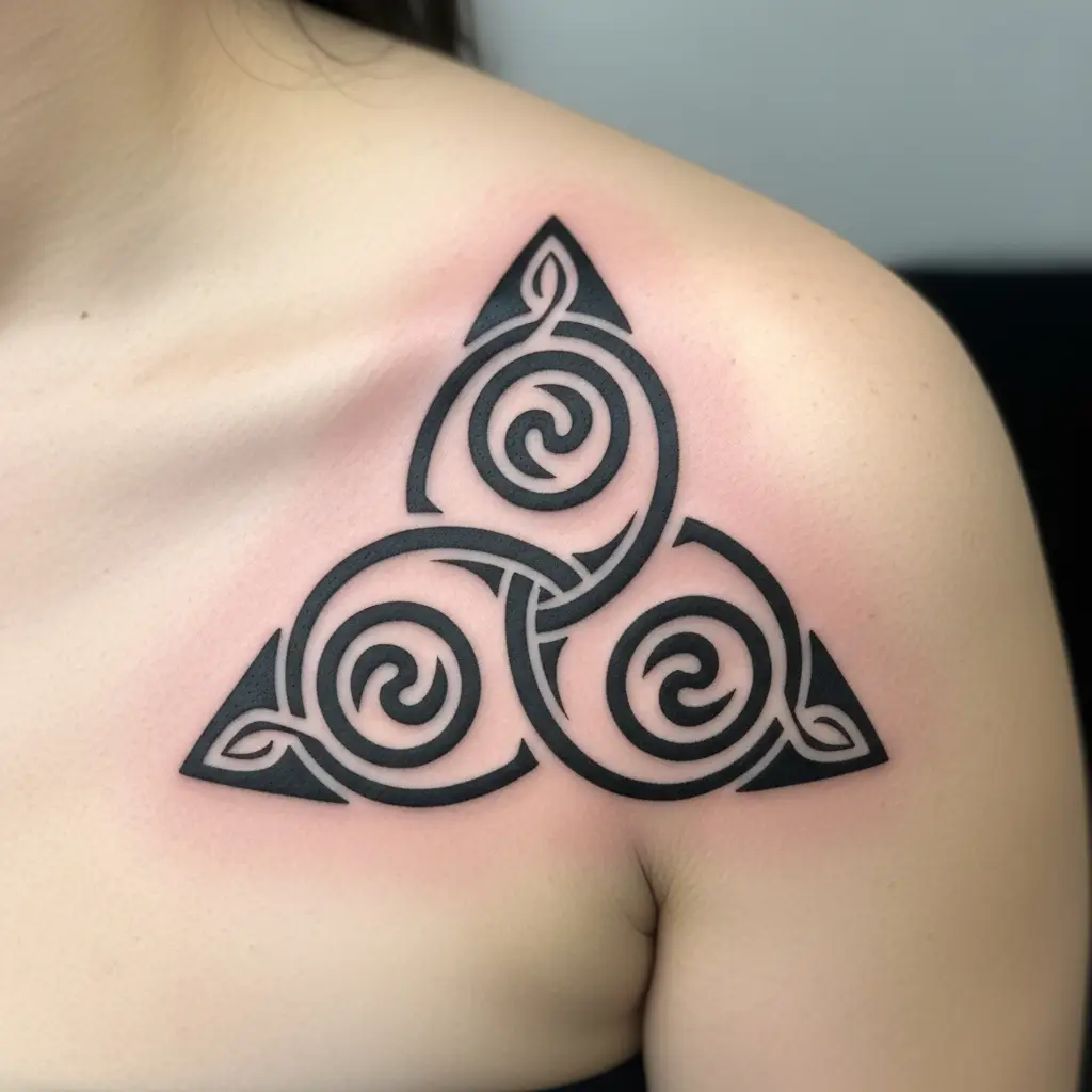 Keltisches Triskele-Tattoo in Schwarz auf der Schulter einer Frau