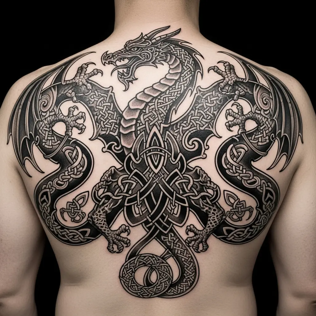 Zoomorphes keltisches Drachenmotiv als Rückentattoo in Schwarz