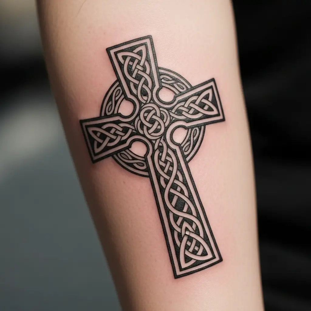 Keltisches Kreuz als Tattoo auf dem Unterarm mit Flechtmuster-Detail
