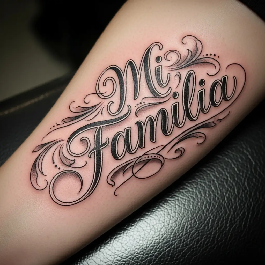 Chicano Lettering Tattoo mit geschwungenen Buchstaben am Unterarm