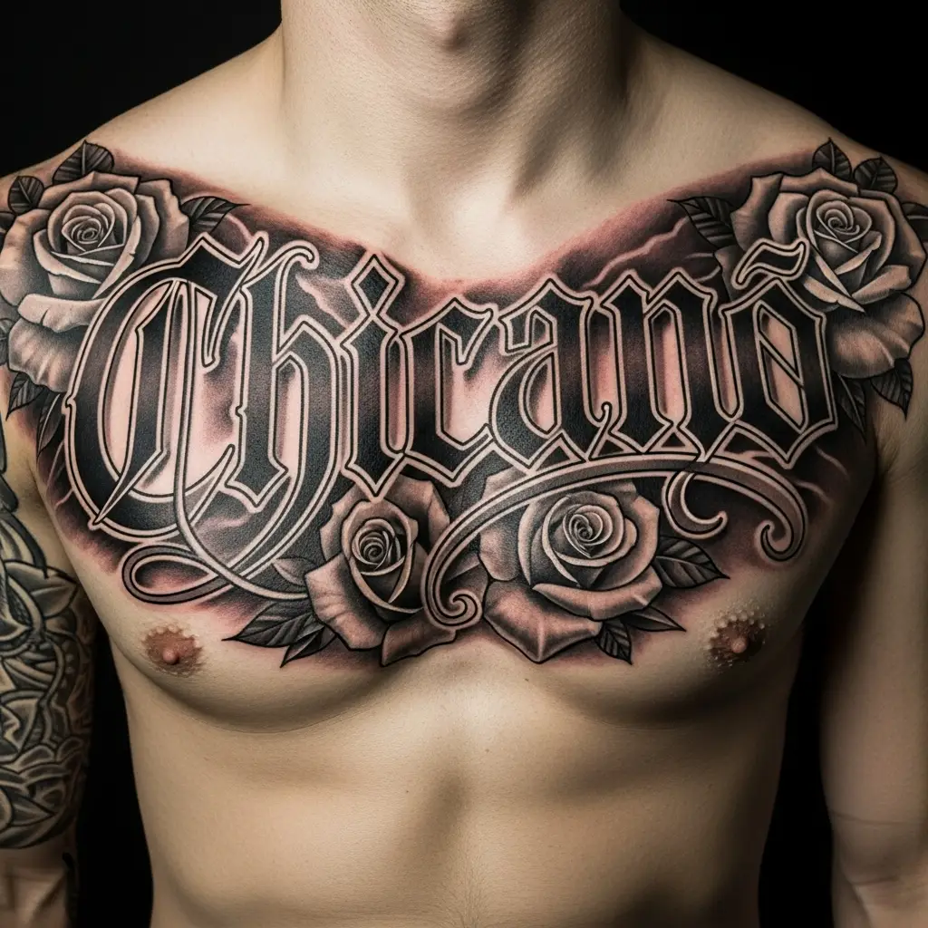 Grossformatiges Chicano Lettering Tattoo mit Rose am Brustbereich