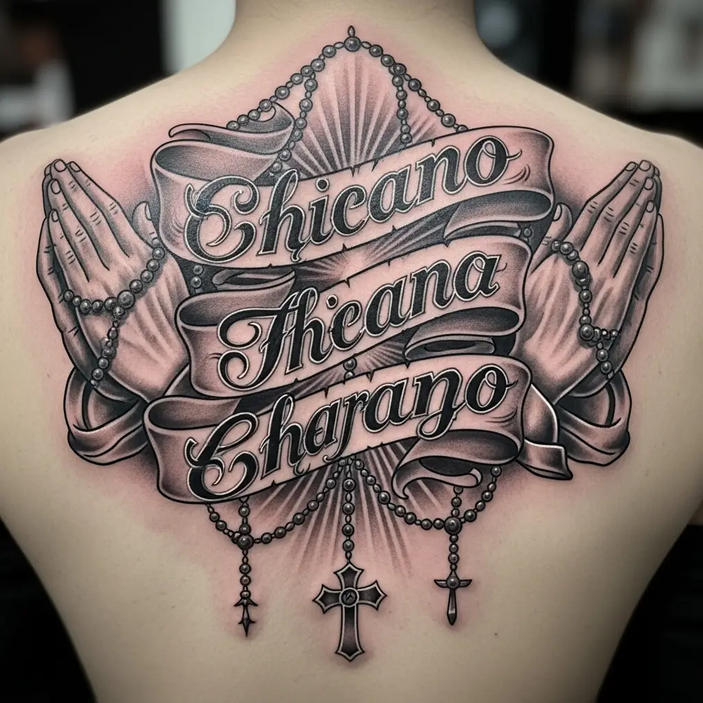 Chicano Lettering Tattoo mit Schriftband und religiösem Motiv