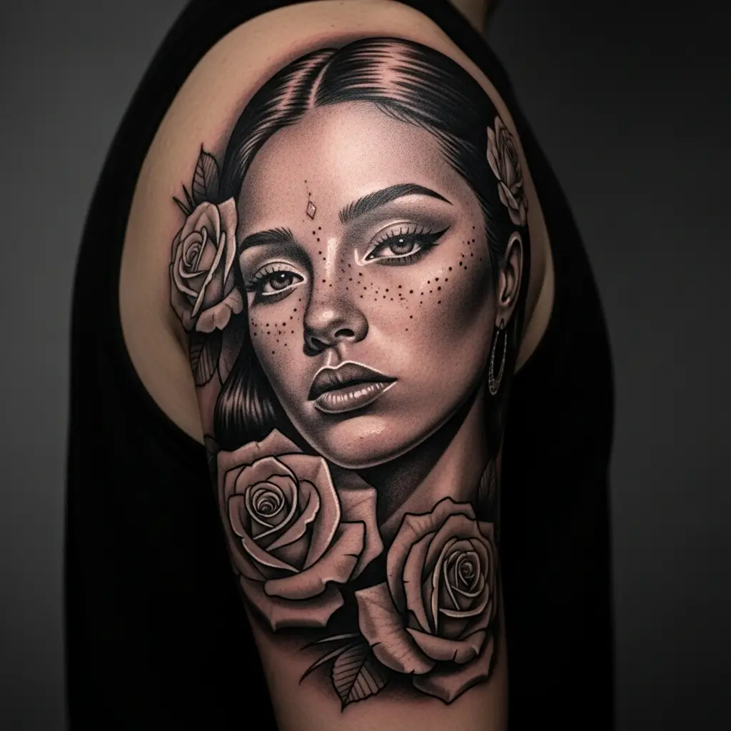 Chicano Tattoo Porträt einer Frau in feiner Schwarz-Grau-Technik am Oberarm