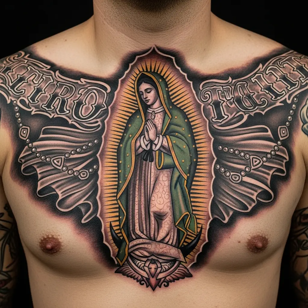 Chicano Tattoo mit Jungfrau von Guadalupe und Rosenkranz auf dem Brustbereich