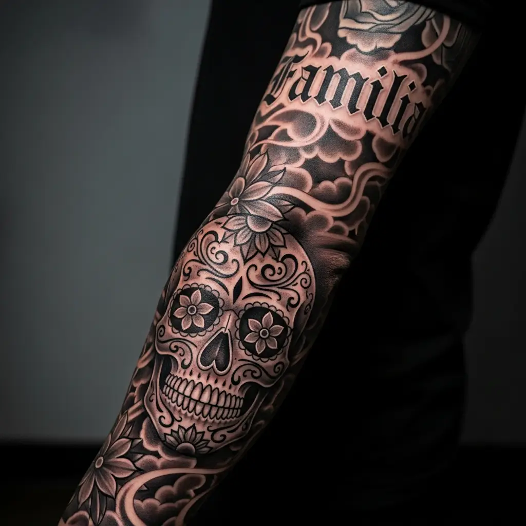 Chicano Tattoo Sleeve mit Calavera und Old-English-Schriftzug am Unterarm