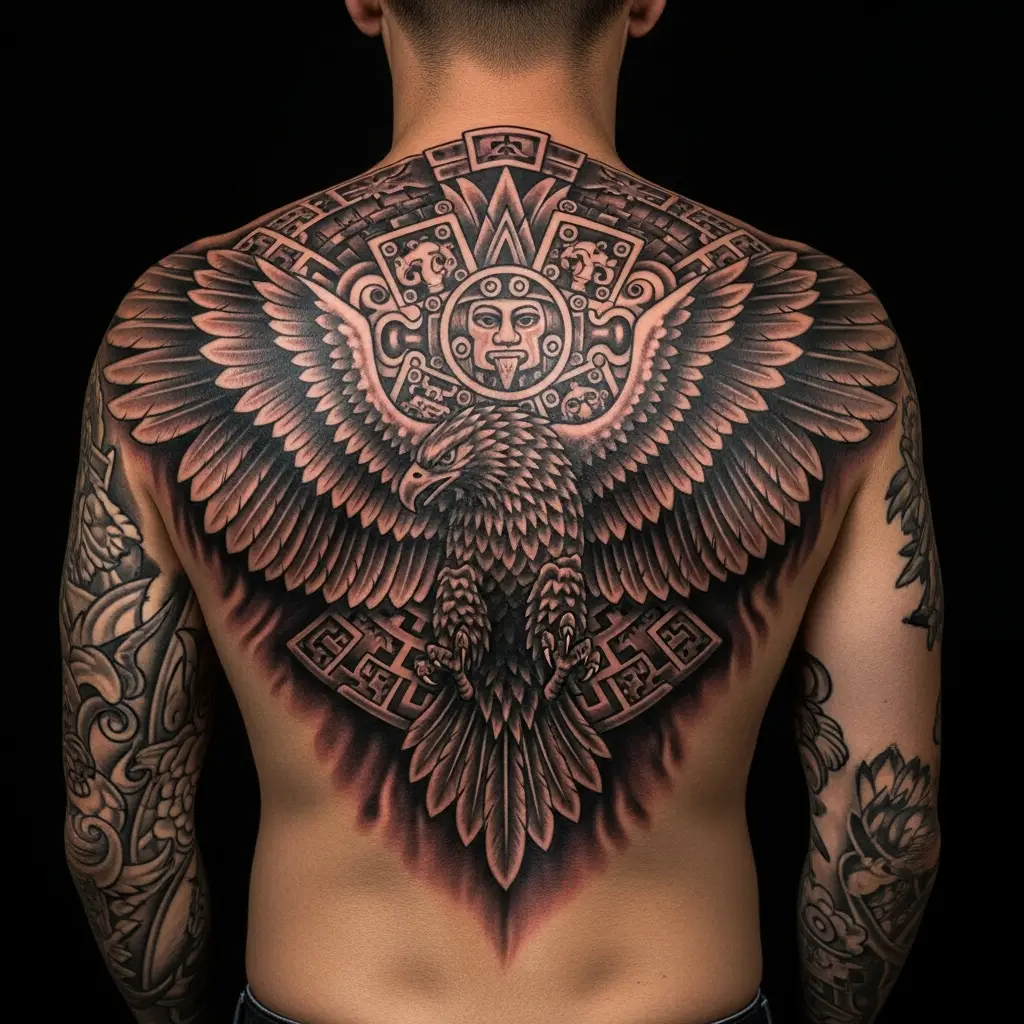Chicano Tattoo Rücken mit grossformatigem Adler und aztekischen Ornamenten in Schwarz-Grau