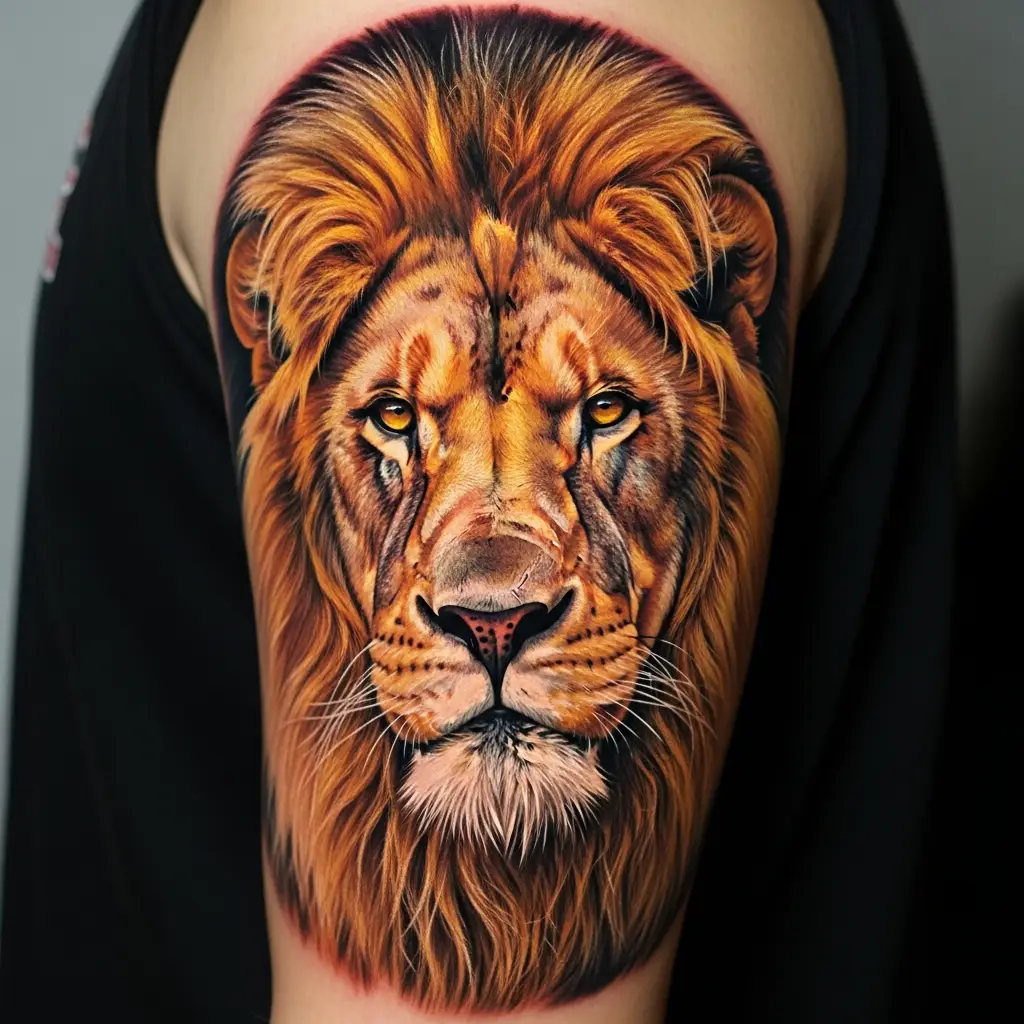 Colour Realism Tattoo eines Löwen mit detaillierten Fellstrukturen auf dem Oberarm
