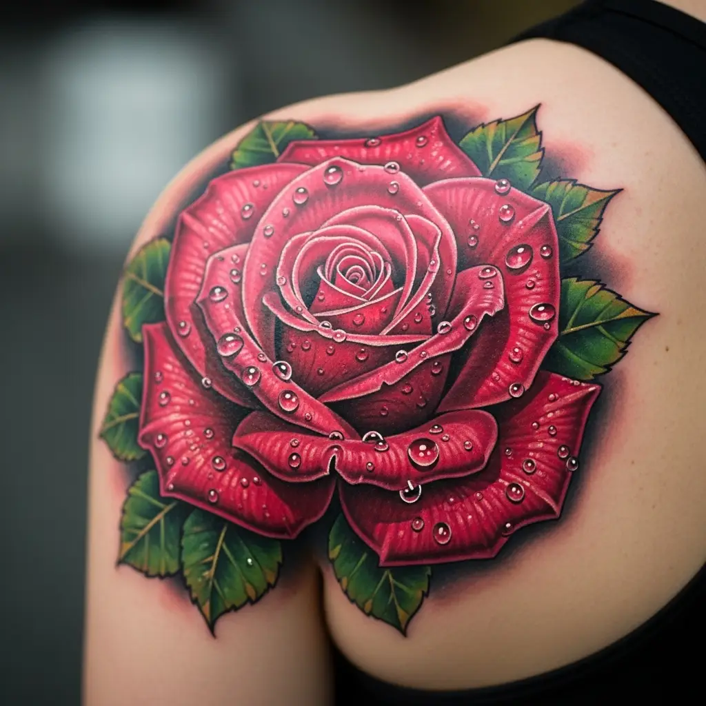 Fotorealistisches Colour Realism Tattoo einer roten Rose mit Wassertropfen auf dem Schulterblatt