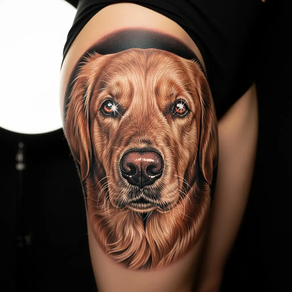 Colour Realism Portrait-Tattoo eines Hundes in naturgetreuen Brauntönen auf dem Oberschenkel
