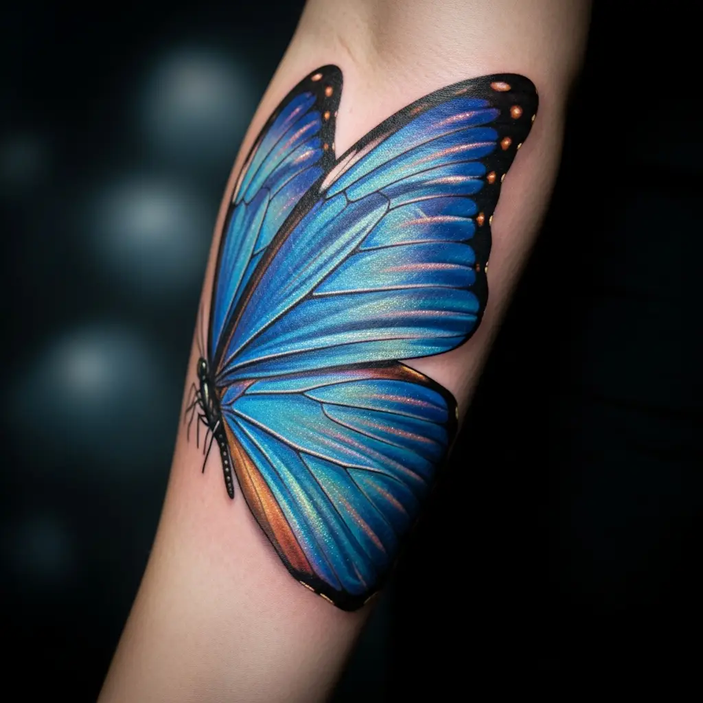 Detailreiches Colour Realism Tattoo eines Schmetterlings mit leuchtenden Blautönen auf dem Unterarm
