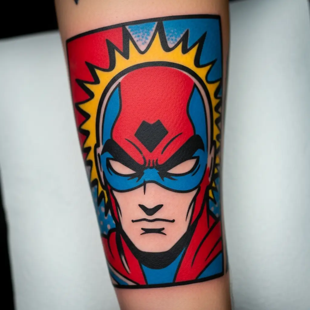 Farbenfrohes Comic Tattoo mit Superhelden-Motiv und kräftigen Outlines am Oberarm