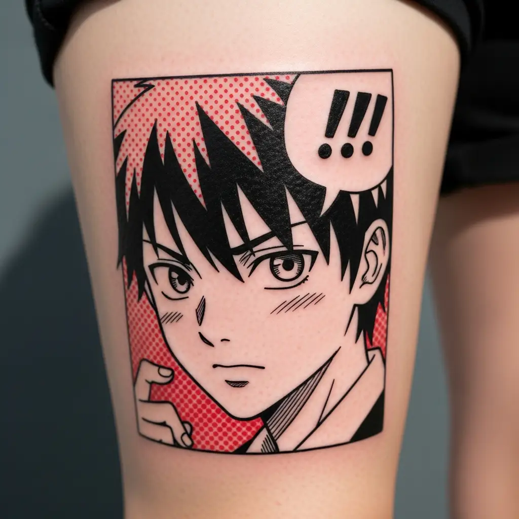 Comic Tattoo mit Manga-Charakter in Schwarz und Rot auf dem Oberschenkel