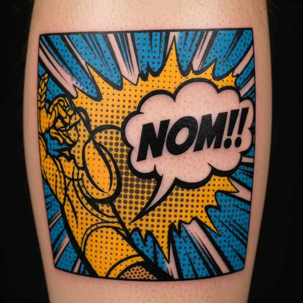 Retro Comic Tattoo mit Sprechblase und Pop-Art-Elementen auf der Wade