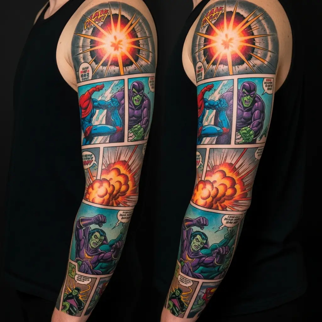 Grossflächiges Comic Tattoo Sleeve mit Panel-Komposition und mehreren Charakteren