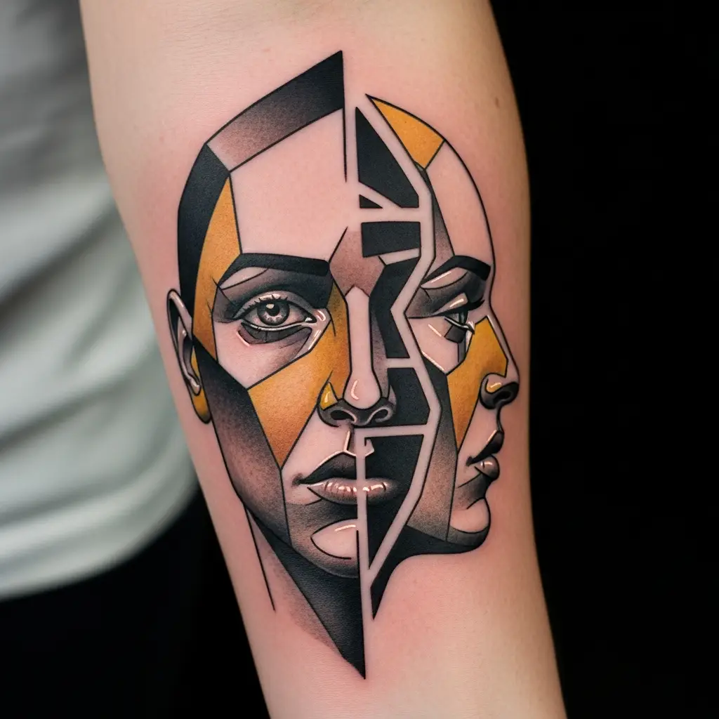 Kubistisches Tattoo mit fragmentiertem Gesicht in Erdtönen auf dem Oberarm