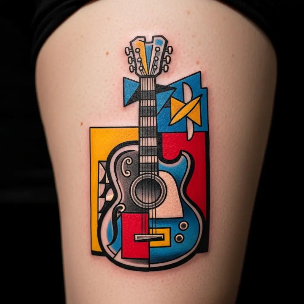 Farbiges kubistisches Tattoo mit Gitarrenmotiv und geometrischen Flächen auf dem Oberschenkel