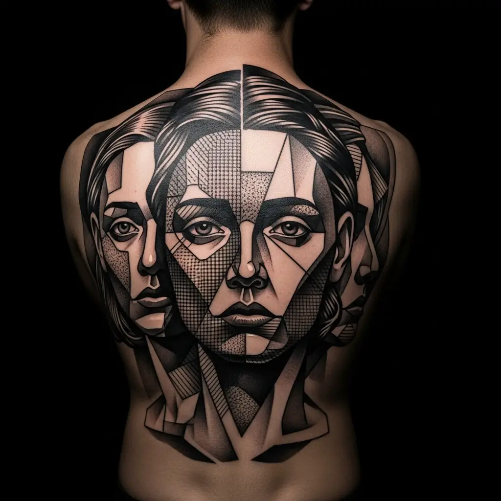 Analytisch-kubistisches Schwarz-Grau-Tattoo mit abstrahiertem Porträt auf dem Rücken