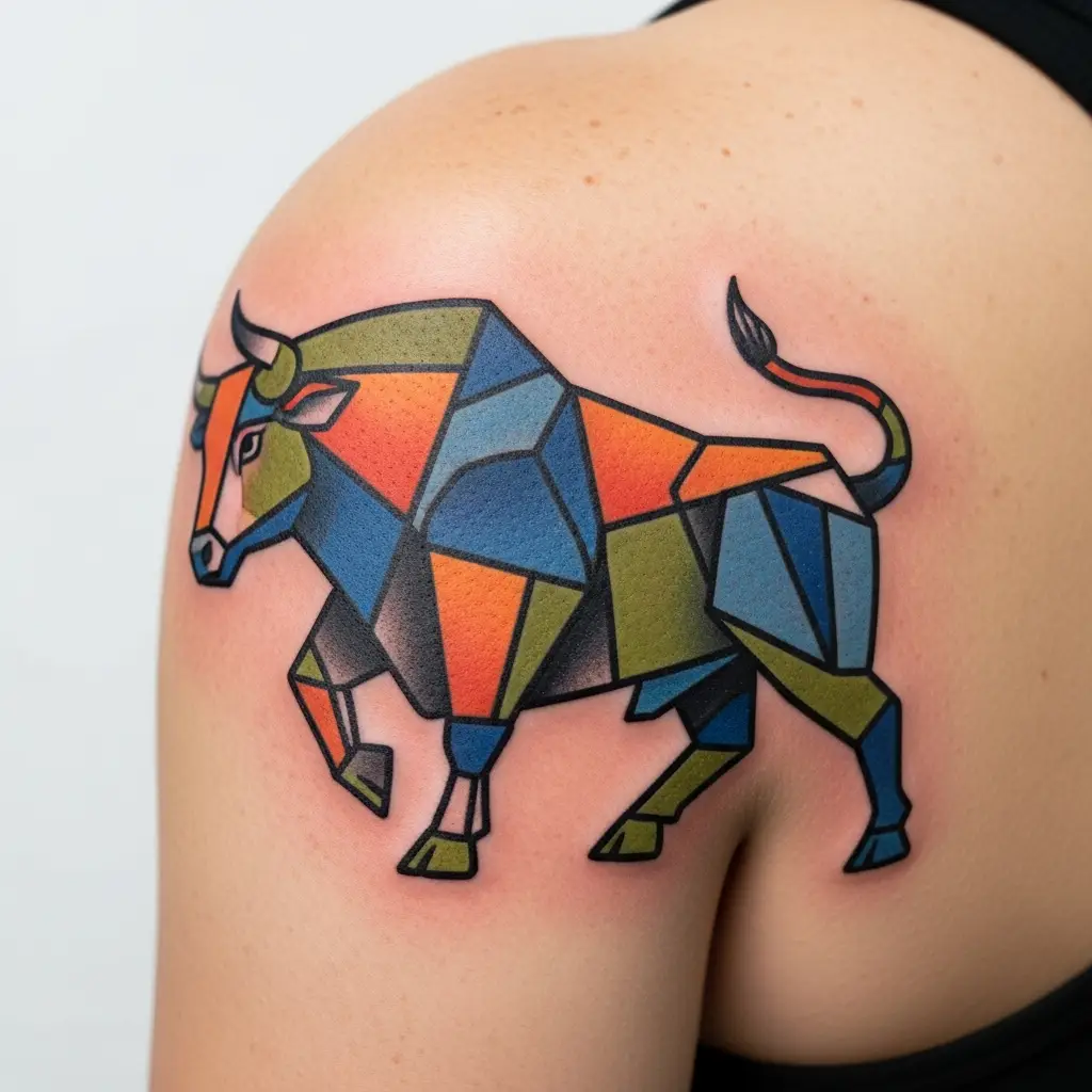 Kubistisches Stier-Tattoo in synthetisch-kubistischer Farbgebung auf der Schulter