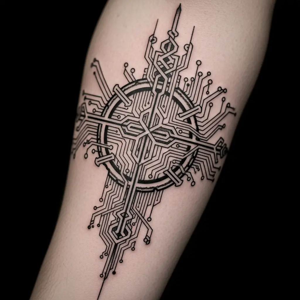 Cyber Sigilism Tattoo mit fliessenden Linien am Unterarm einer Person