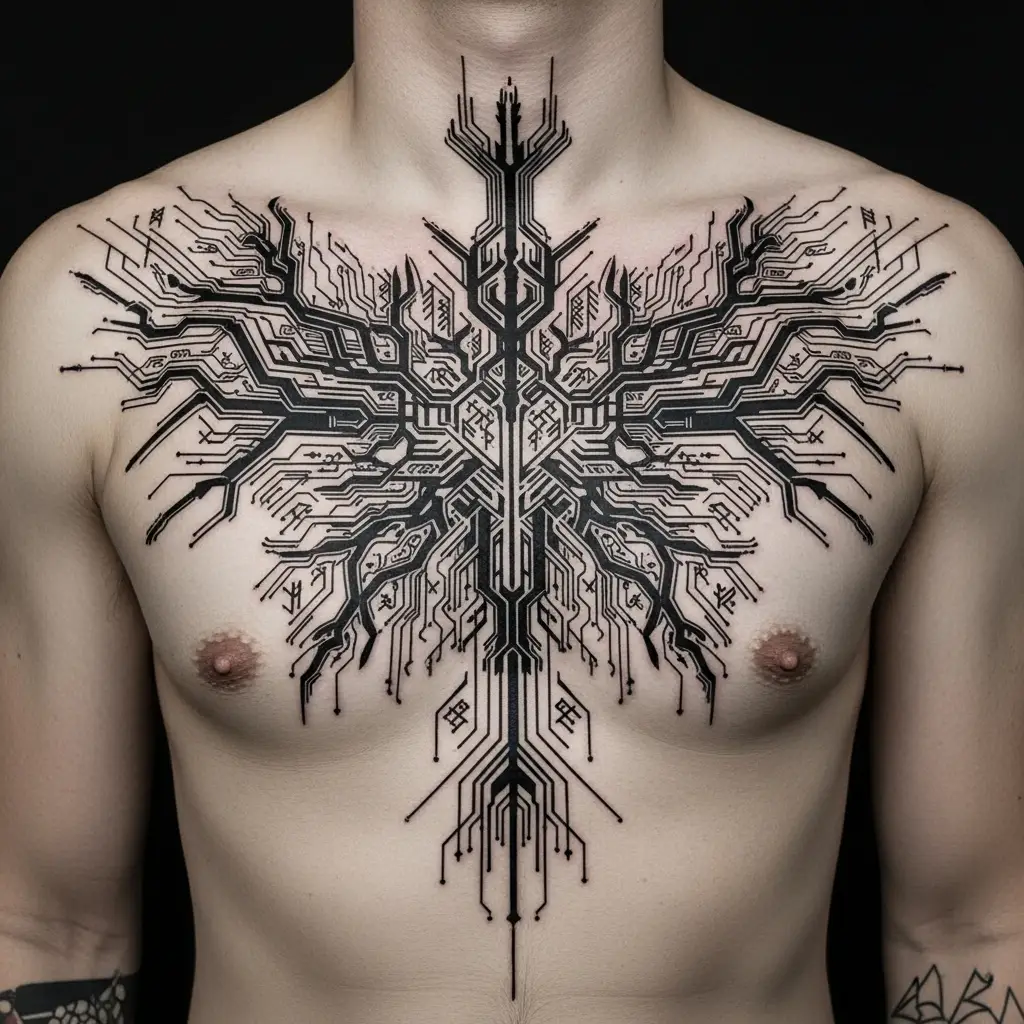 Grossflächiges Cyber Sigilism Tattoo auf dem Brustbereich mit komplexen Symbolen