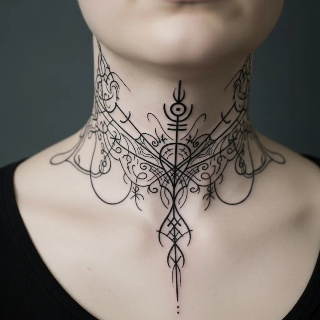 Cyber Sigilism Tattoo am Hals mit feingliedrigen abstrakten Linienmustern