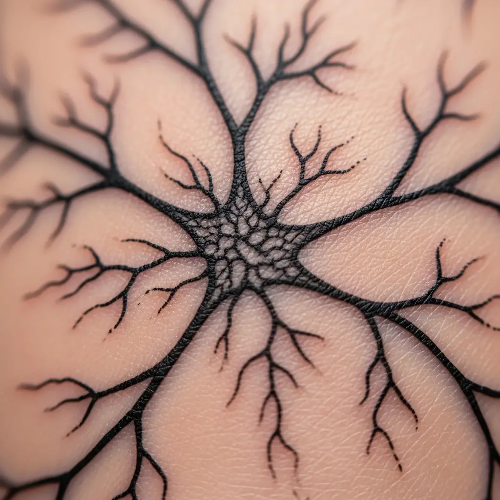 Detailaufnahme eines Cyber Sigilism Tattoos mit verzweigten Linienstrukturen